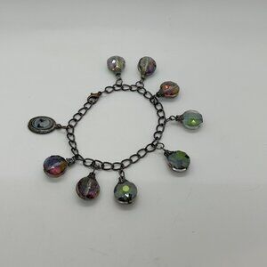 Aurora Borealis Crystal Charm Bracelet W/ Cameo Pendant Antique Black Chain Desi